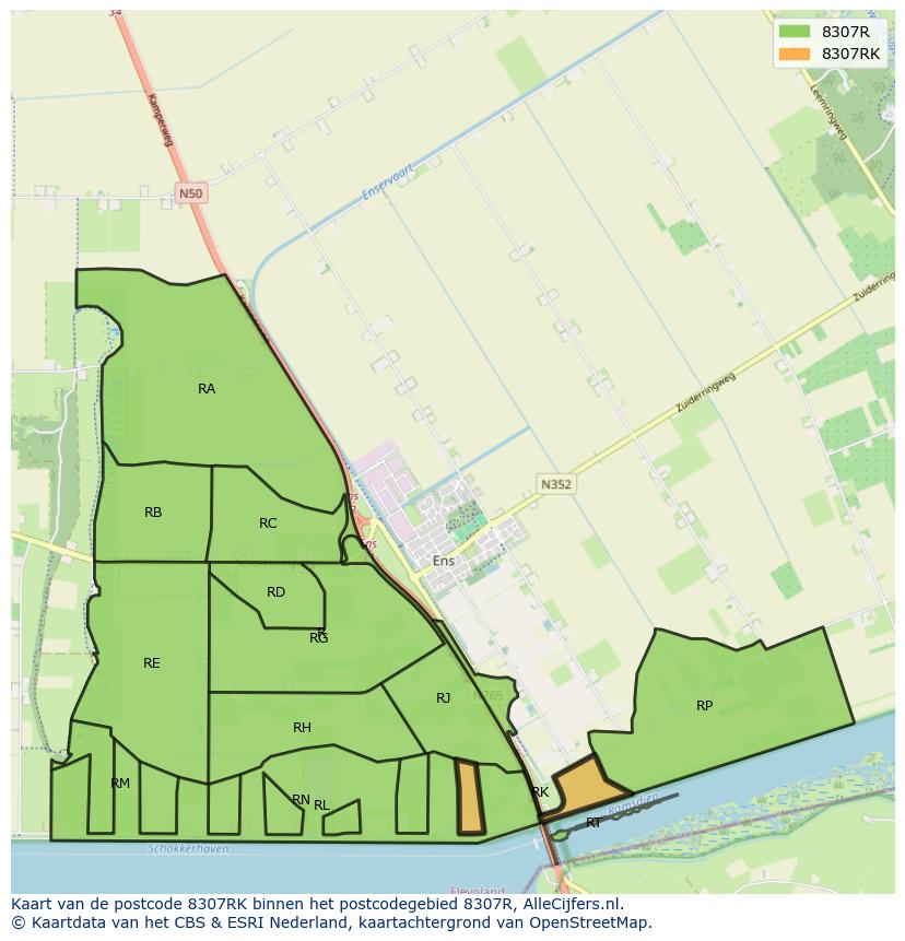 Afbeelding van het postcodegebied 8307 RK op de kaart.