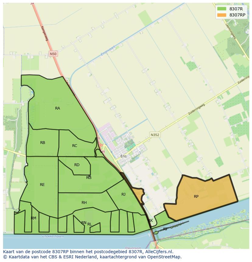 Afbeelding van het postcodegebied 8307 RP op de kaart.