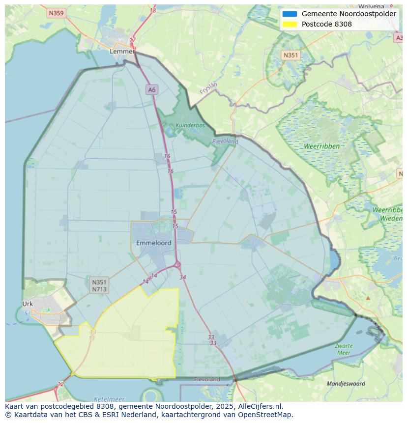 Afbeelding van het postcodegebied 8308 op de kaart.