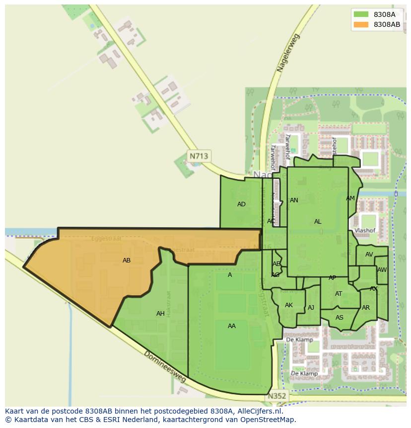 Afbeelding van het postcodegebied 8308 AB op de kaart.