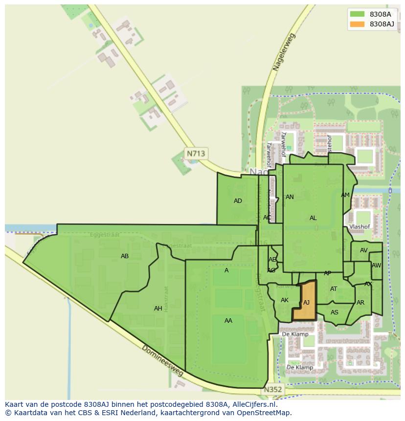 Afbeelding van het postcodegebied 8308 AJ op de kaart.