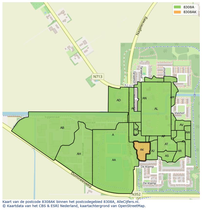 Afbeelding van het postcodegebied 8308 AK op de kaart.
