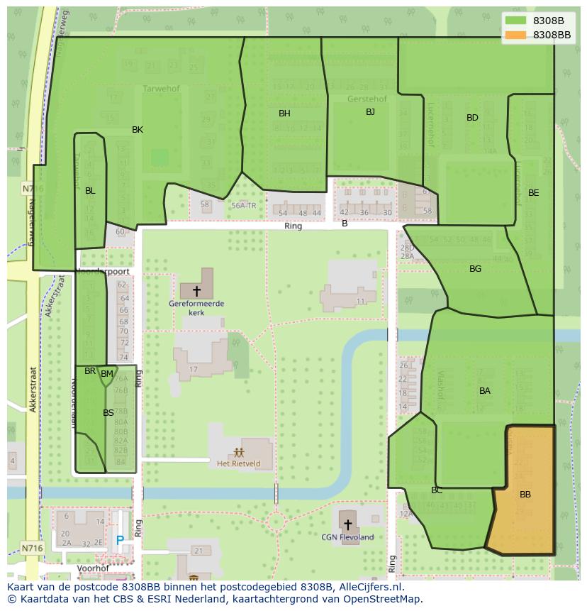 Afbeelding van het postcodegebied 8308 BB op de kaart.