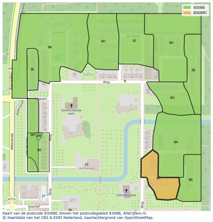 Afbeelding van het postcodegebied 8308 BC op de kaart.