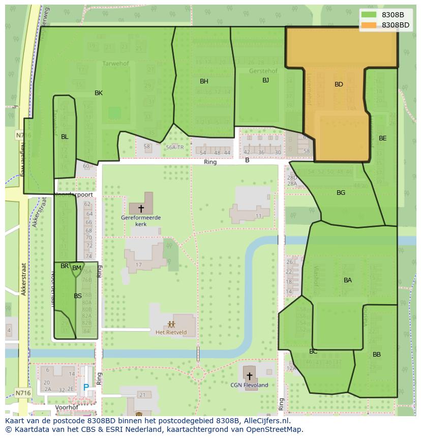Afbeelding van het postcodegebied 8308 BD op de kaart.