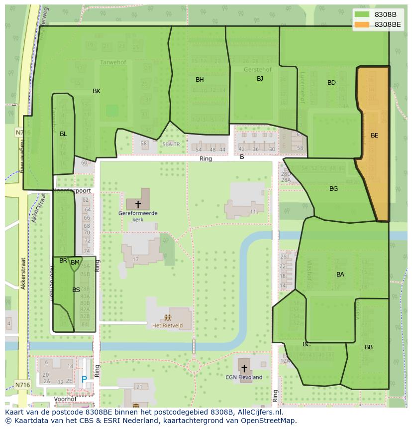 Afbeelding van het postcodegebied 8308 BE op de kaart.