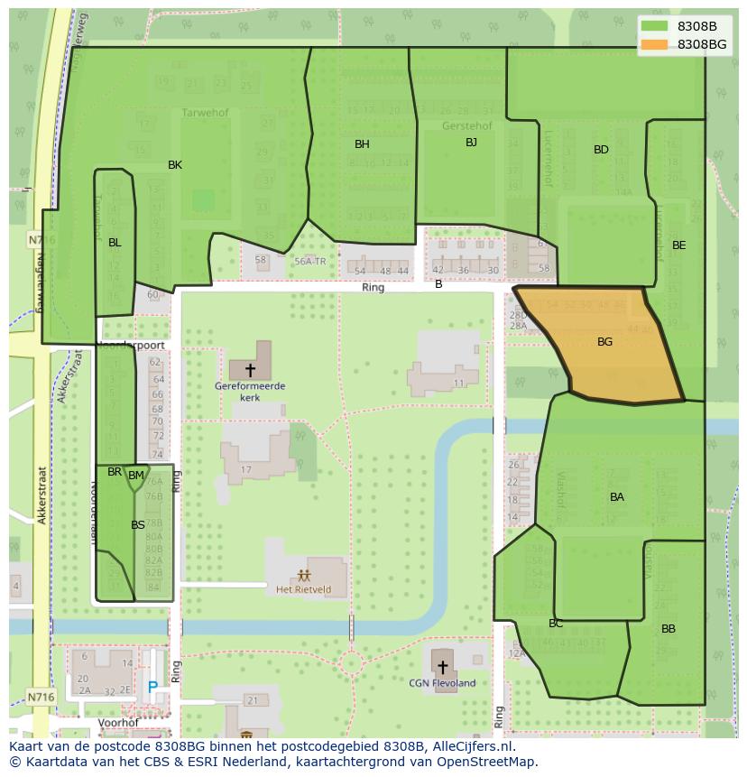 Afbeelding van het postcodegebied 8308 BG op de kaart.