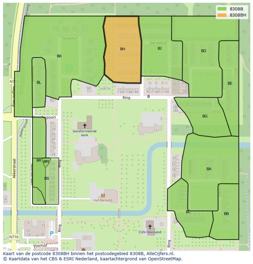 Afbeelding van het postcodegebied 8308 BH op de kaart.