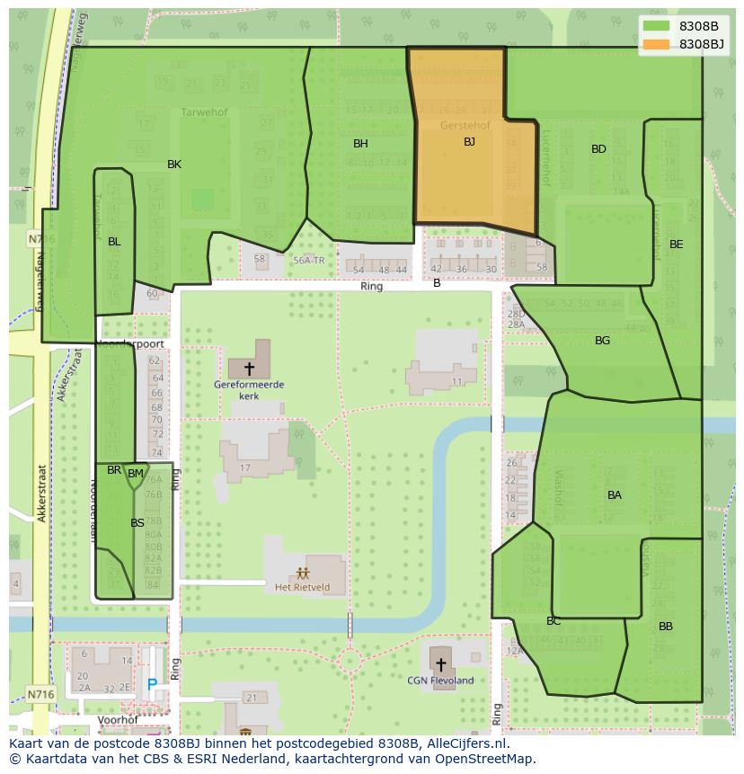 Afbeelding van het postcodegebied 8308 BJ op de kaart.