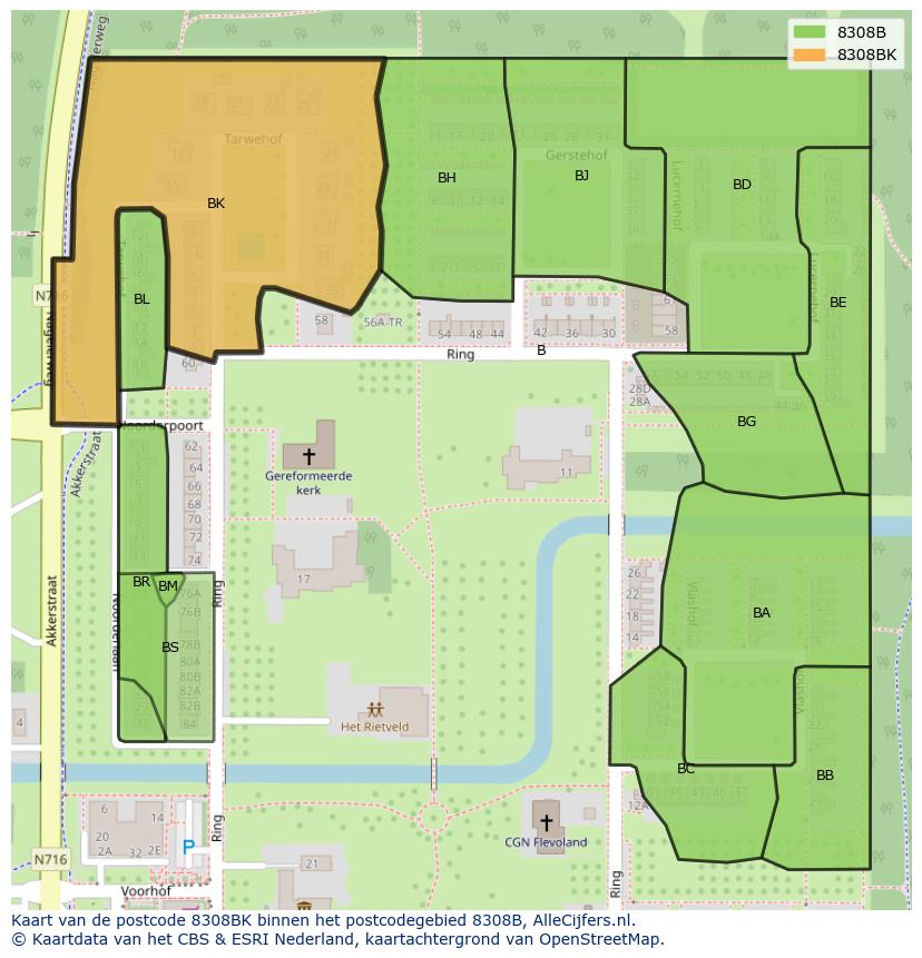 Afbeelding van het postcodegebied 8308 BK op de kaart.