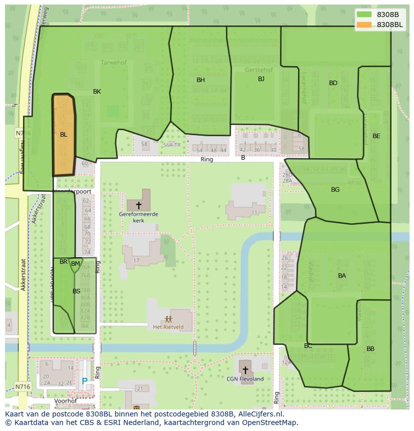 Afbeelding van het postcodegebied 8308 BL op de kaart.
