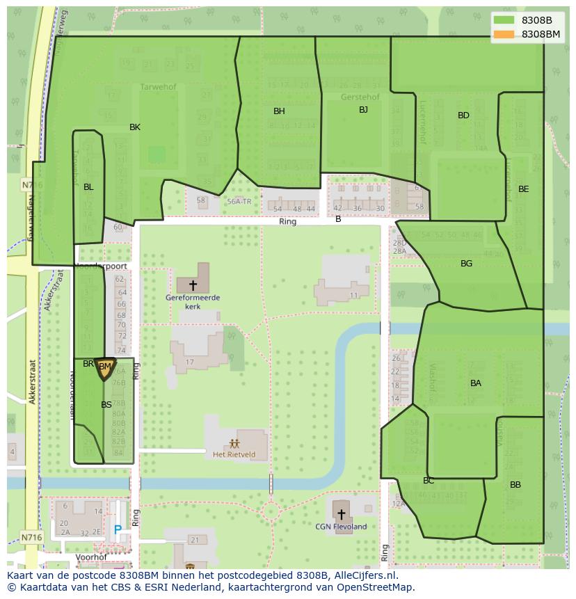 Afbeelding van het postcodegebied 8308 BM op de kaart.