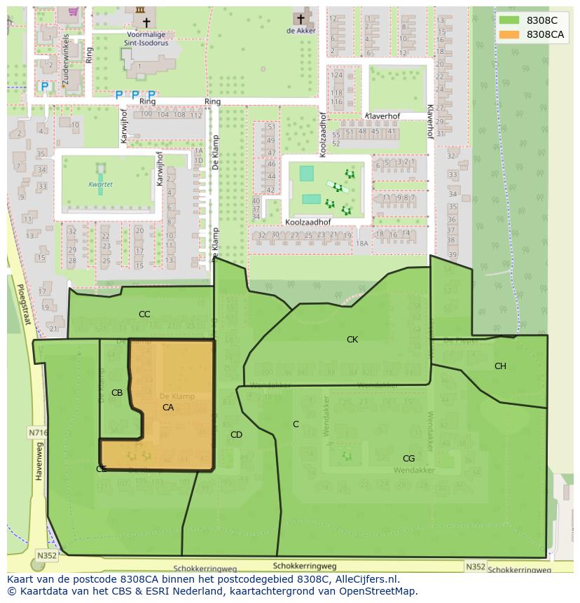 Afbeelding van het postcodegebied 8308 CA op de kaart.
