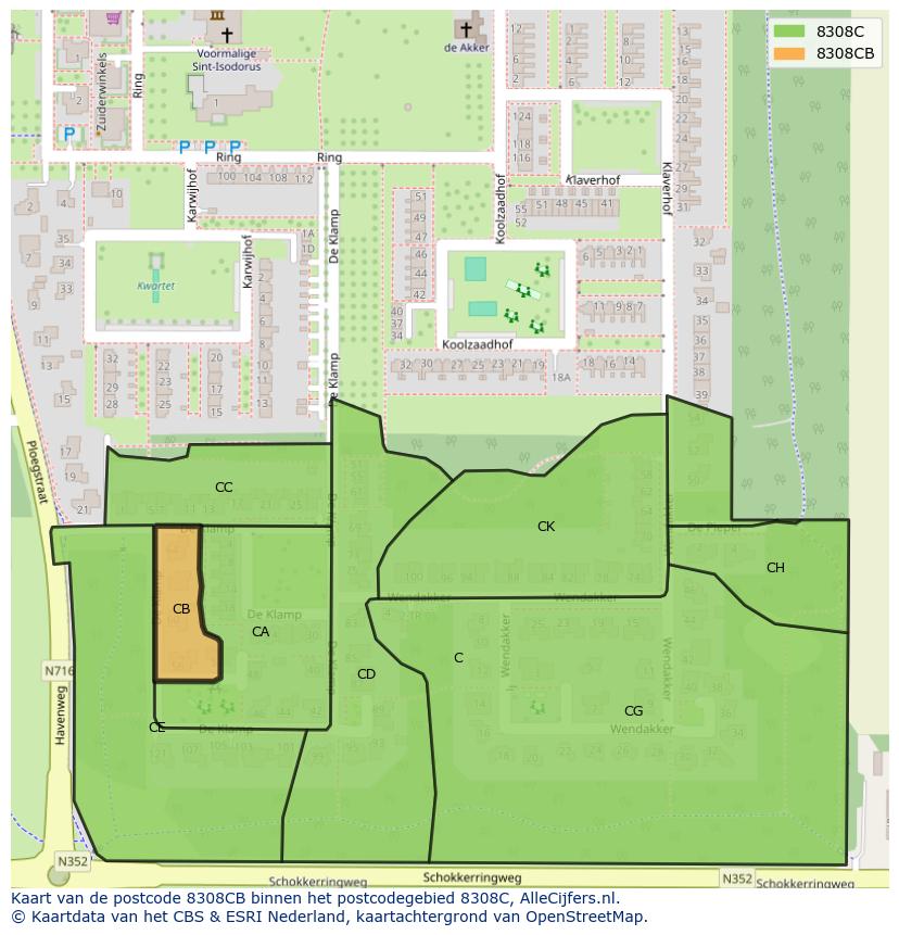 Afbeelding van het postcodegebied 8308 CB op de kaart.