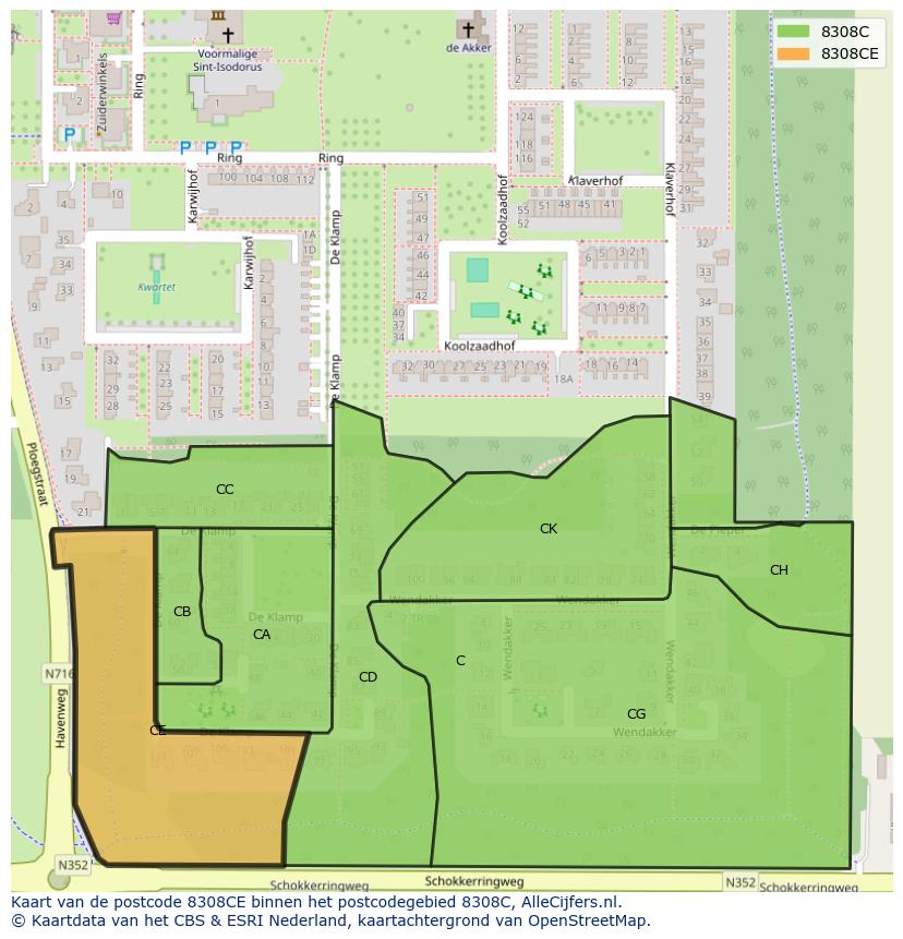 Afbeelding van het postcodegebied 8308 CE op de kaart.