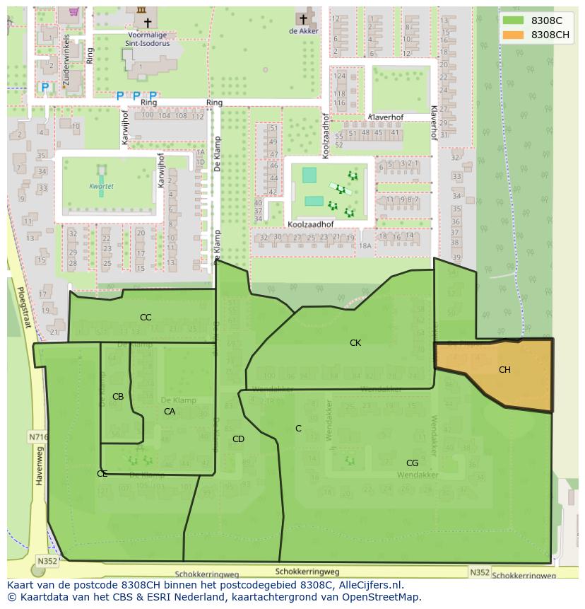 Afbeelding van het postcodegebied 8308 CH op de kaart.