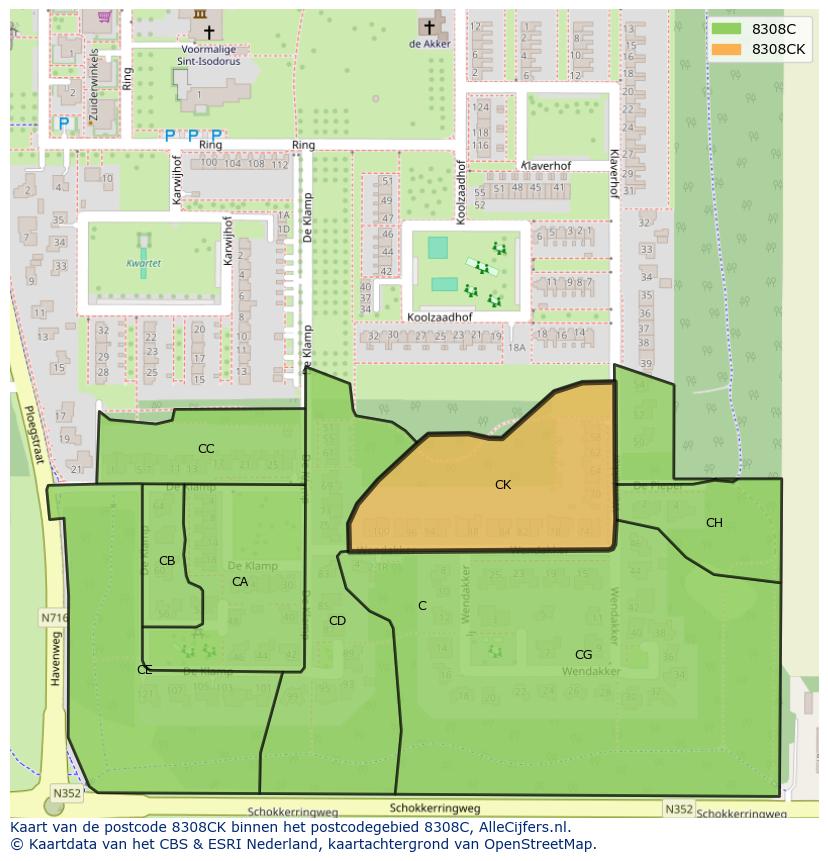 Afbeelding van het postcodegebied 8308 CK op de kaart.