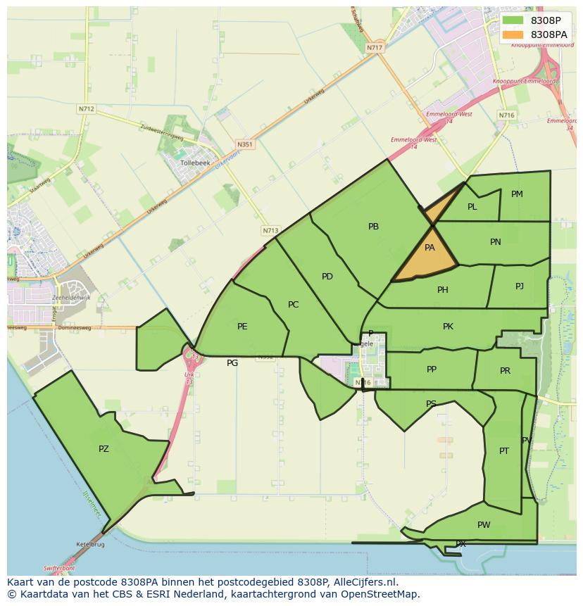 Afbeelding van het postcodegebied 8308 PA op de kaart.