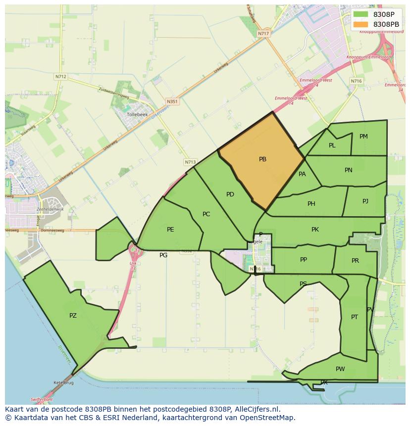 Afbeelding van het postcodegebied 8308 PB op de kaart.