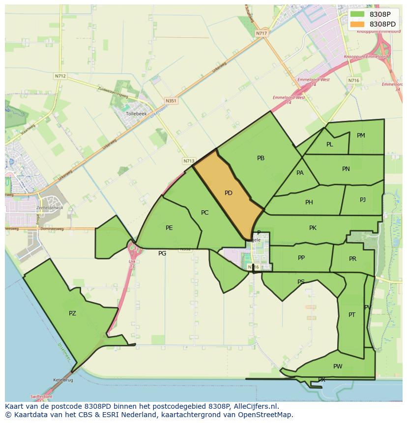 Afbeelding van het postcodegebied 8308 PD op de kaart.