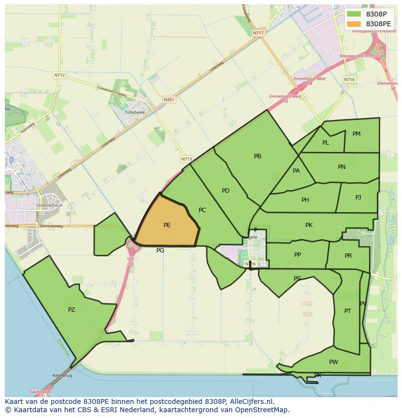 Afbeelding van het postcodegebied 8308 PE op de kaart.