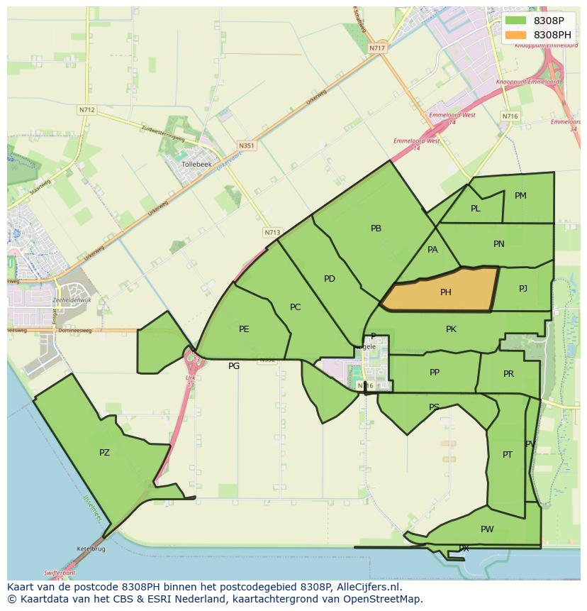Afbeelding van het postcodegebied 8308 PH op de kaart.