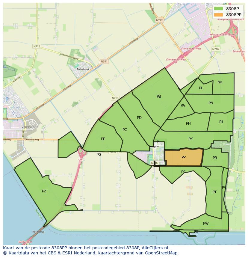 Afbeelding van het postcodegebied 8308 PP op de kaart.
