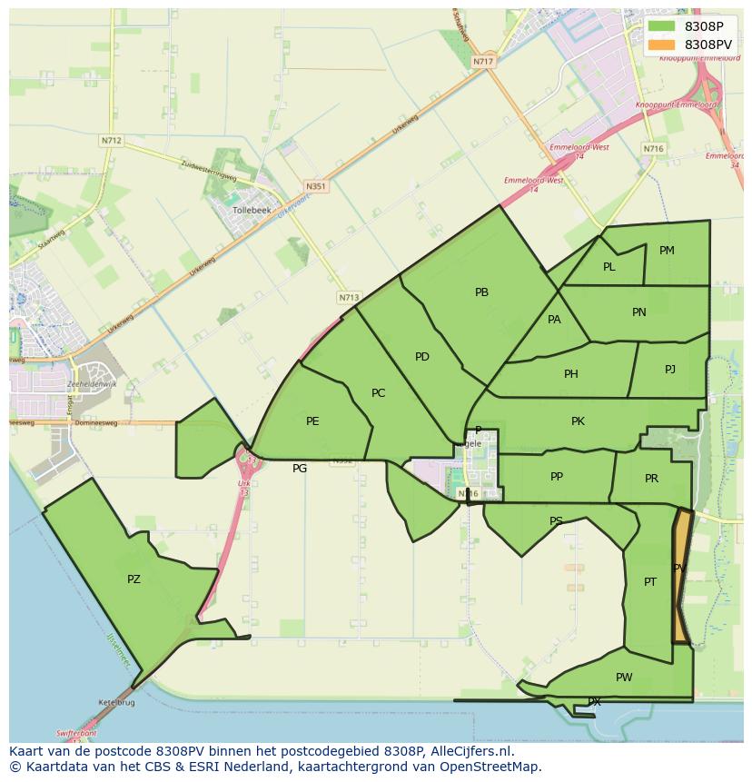 Afbeelding van het postcodegebied 8308 PV op de kaart.