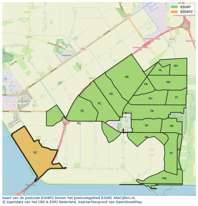 Afbeelding van het postcodegebied 8308 PZ op de kaart.