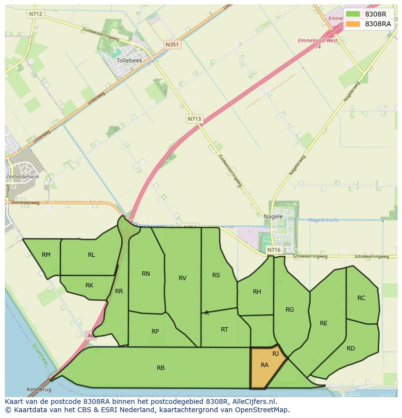 Afbeelding van het postcodegebied 8308 RA op de kaart.