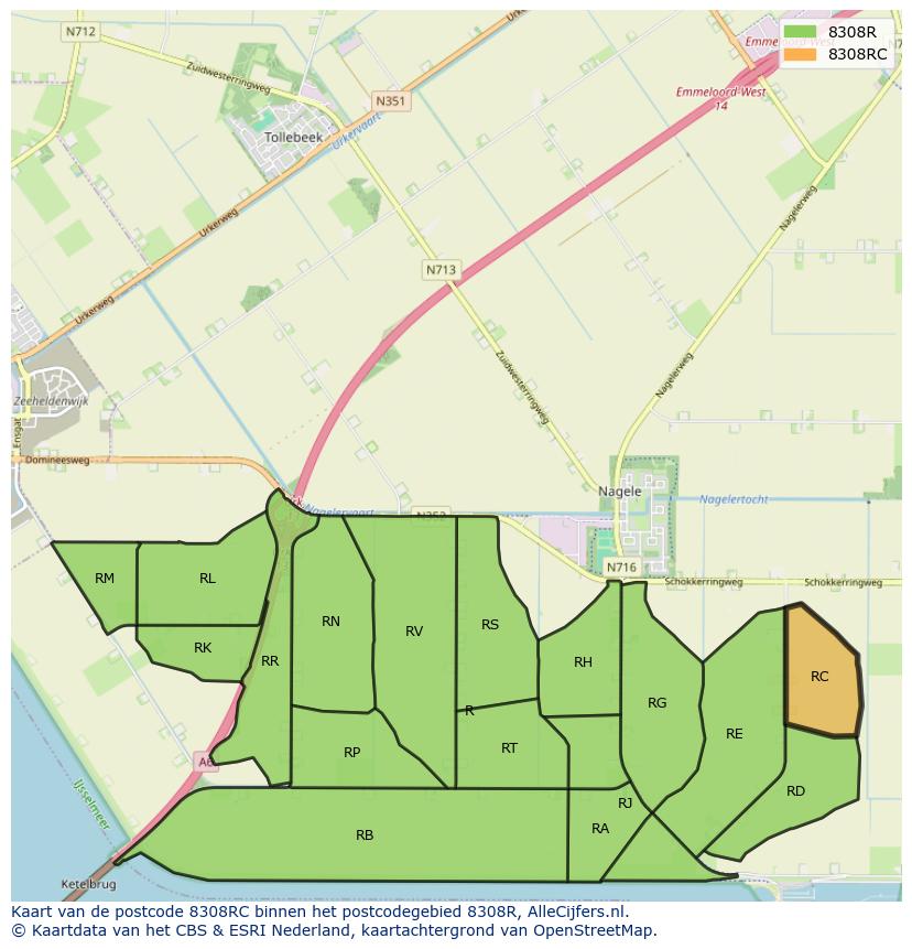 Afbeelding van het postcodegebied 8308 RC op de kaart.