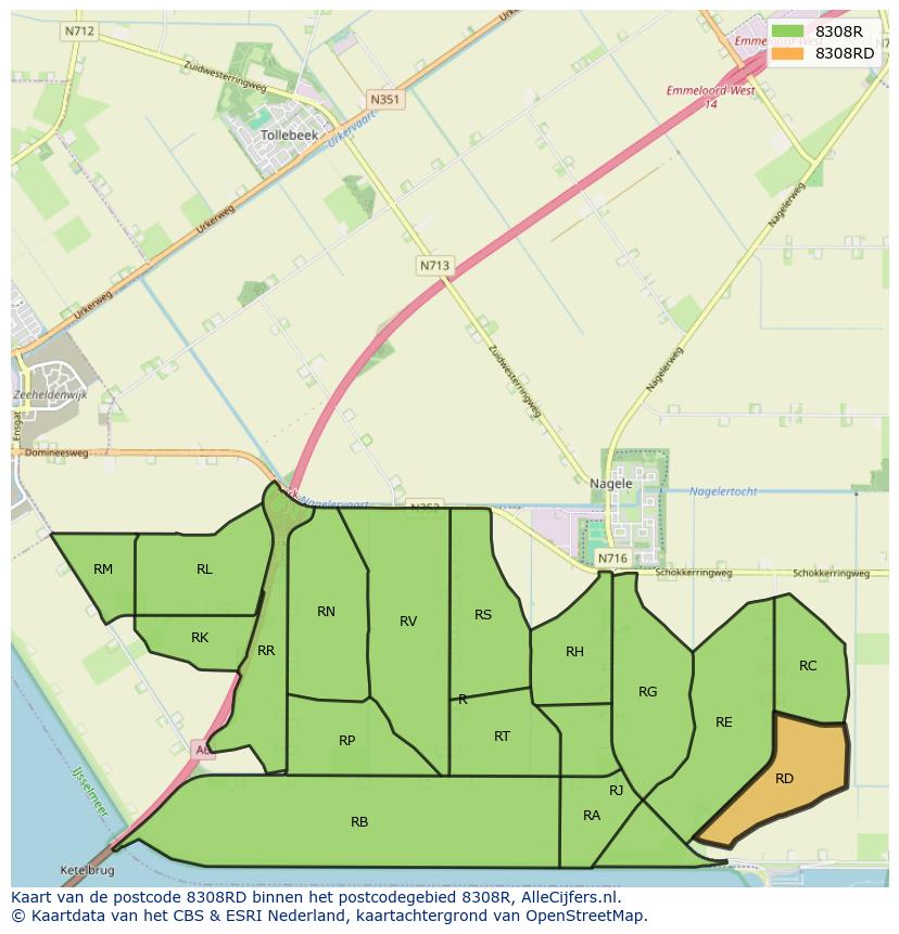 Afbeelding van het postcodegebied 8308 RD op de kaart.