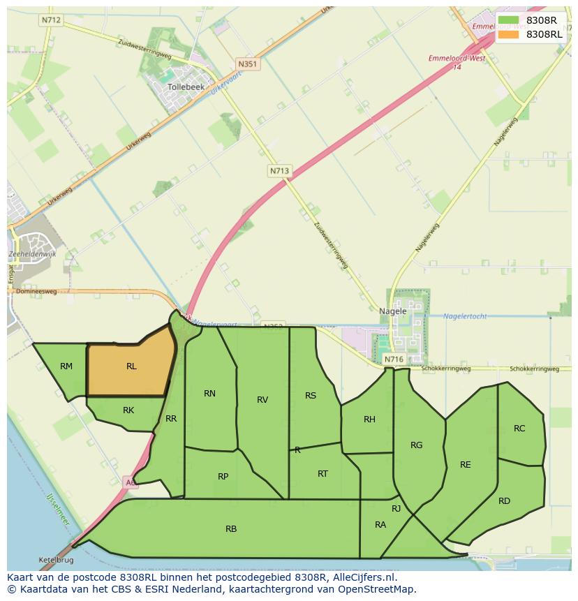 Afbeelding van het postcodegebied 8308 RL op de kaart.