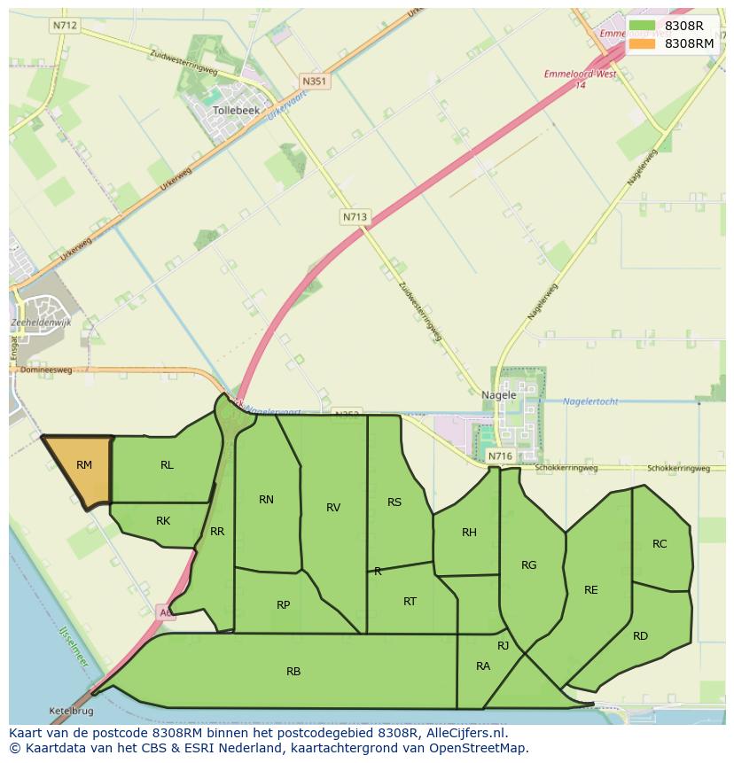 Afbeelding van het postcodegebied 8308 RM op de kaart.