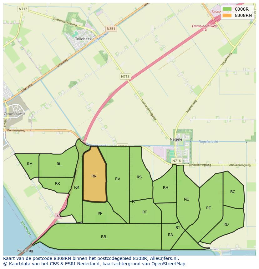 Afbeelding van het postcodegebied 8308 RN op de kaart.