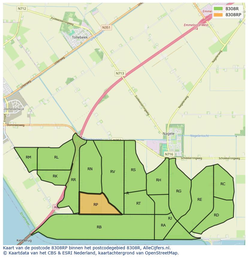 Afbeelding van het postcodegebied 8308 RP op de kaart.