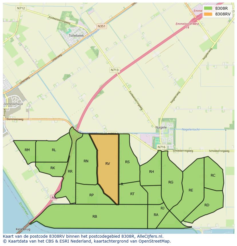 Afbeelding van het postcodegebied 8308 RV op de kaart.