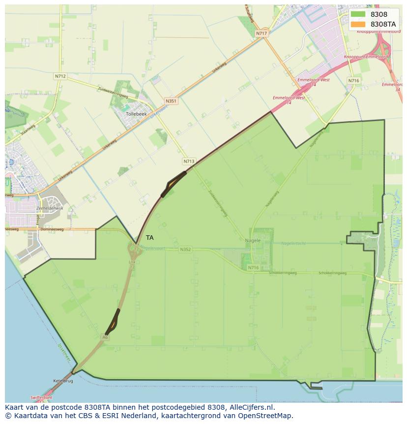 Afbeelding van het postcodegebied 8308 TA op de kaart.