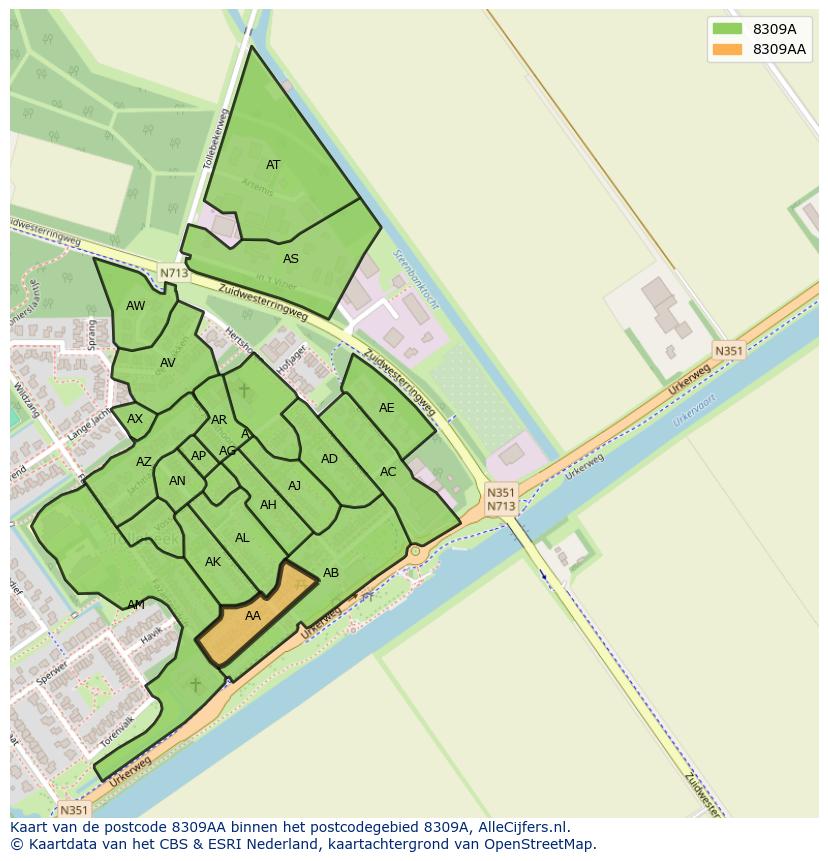 Afbeelding van het postcodegebied 8309 AA op de kaart.