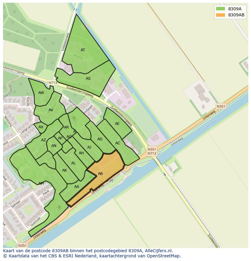 Afbeelding van het postcodegebied 8309 AB op de kaart.