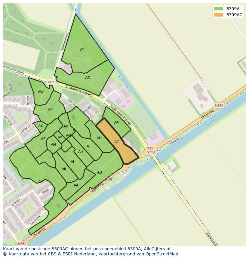 Afbeelding van het postcodegebied 8309 AC op de kaart.