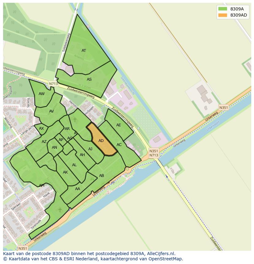 Afbeelding van het postcodegebied 8309 AD op de kaart.