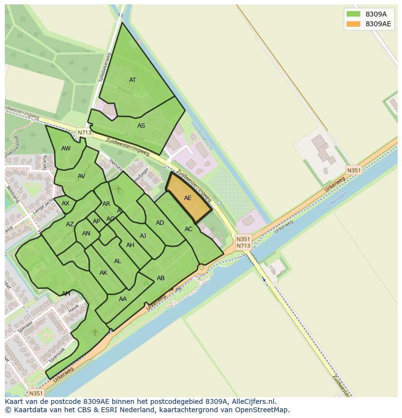 Afbeelding van het postcodegebied 8309 AE op de kaart.