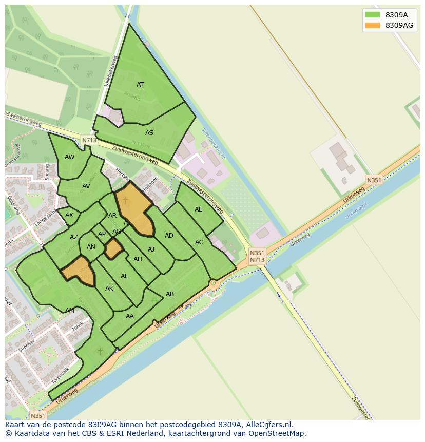Afbeelding van het postcodegebied 8309 AG op de kaart.