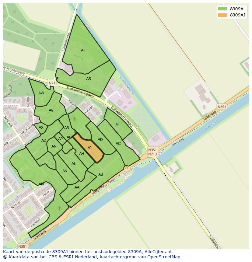 Afbeelding van het postcodegebied 8309 AJ op de kaart.