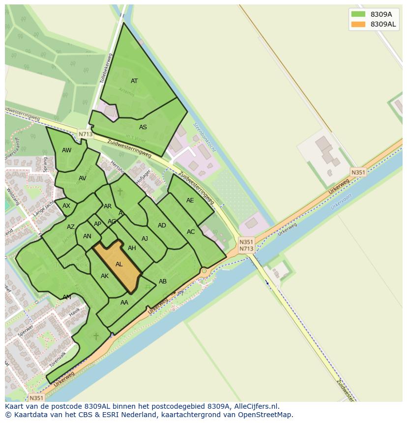 Afbeelding van het postcodegebied 8309 AL op de kaart.