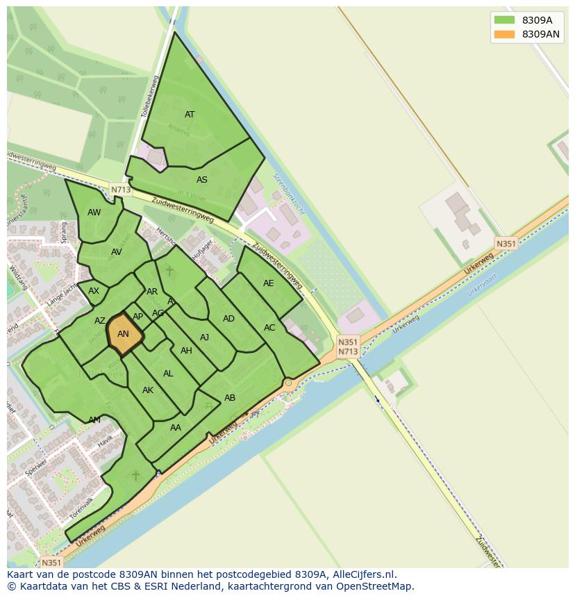 Afbeelding van het postcodegebied 8309 AN op de kaart.