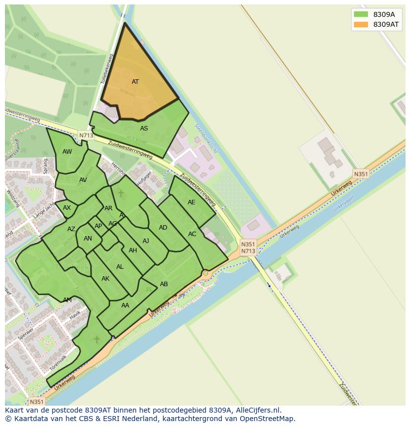 Afbeelding van het postcodegebied 8309 AT op de kaart.