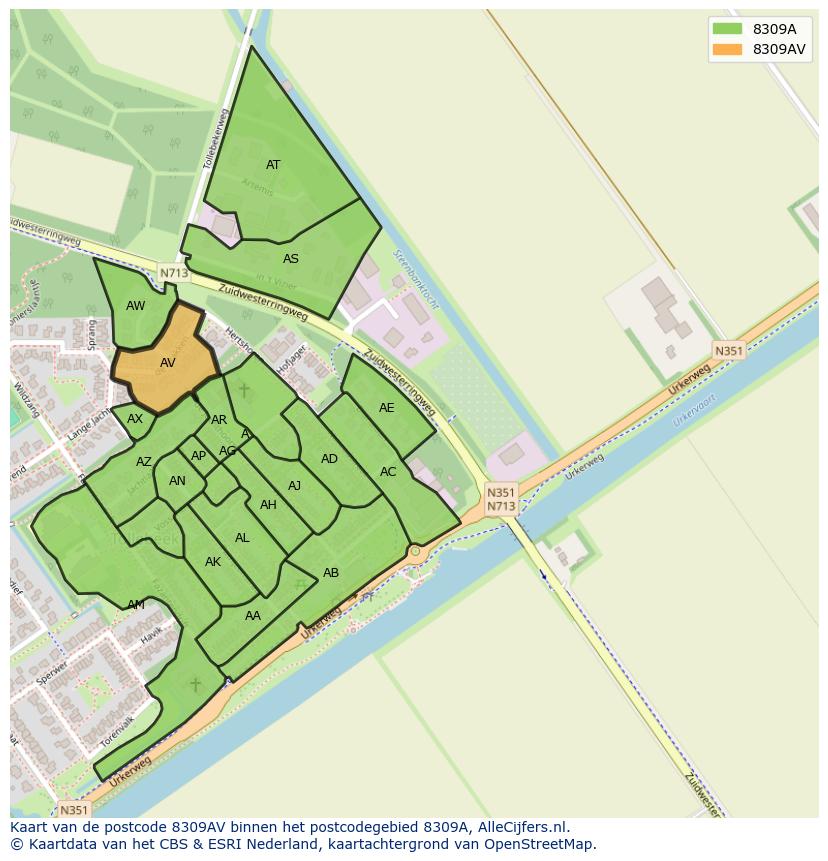 Afbeelding van het postcodegebied 8309 AV op de kaart.