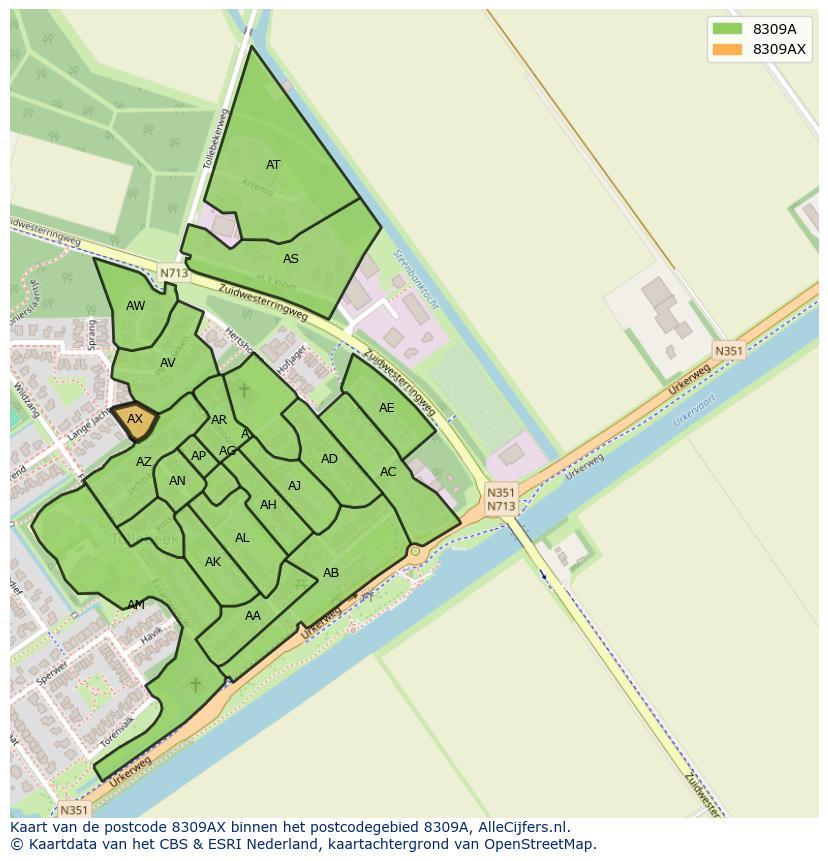 Afbeelding van het postcodegebied 8309 AX op de kaart.
